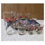 11" vintage metal serving tray with Seven misc. size pheasant glasses from the  Hazel-Atlas Glass Company and  features the "Pheasants" pattern, produced roughly  1950-1960.