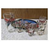 11" vintage metal serving tray with Seven misc. size pheasant glasses from the  Hazel-Atlas Glass Company and  features the "Pheasants" pattern, produced roughly  1950-1960.