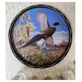 11" vintage metal serving tray with Seven misc. size pheasant glasses from the  Hazel-Atlas Glass Company and  features the "Pheasants" pattern, produced roughly  1950-1960.
