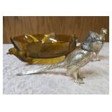 Colored Glass Pheasant Bowl with ornate handles or pedestal base and Vintage highly detailed collectible pair of Silver pheasant table ornaments/Salt and Pepper Shakers.