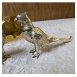 Colored Glass Pheasant Bowl with ornate handles or pedestal base and Vintage highly detailed collectible pair of Silver pheasant table ornaments/Salt and Pepper Shakers.