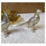 Colored Glass Pheasant Bowl with ornate handles or pedestal base and Vintage highly detailed collectible pair of Silver pheasant table ornaments/Salt and Pepper Shakers.