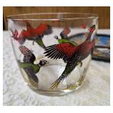 One -11" vintage metal serving tray with One- vintage ice bucket and One- Pheasant Glass. Ice Bucket and glass likely produced by the Hazel-Atlas Glass Company features the "Pheasants" pattern.