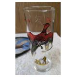 One -11" vintage metal serving tray with One- vintage ice bucket and One- Pheasant Glass. Ice Bucket and glass likely produced by the Hazel-Atlas Glass Company features the "Pheasants" pattern.