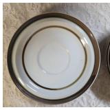 Nine - vintage Sierra Stoneware saucers featuring a brown rim and ring design, likely produced by M S I Japan.