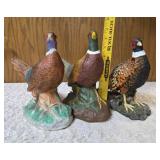 Three - Vintage ceramic Ring Necked pheasant figurines most likely from the Enesco or Napco in Japan during the mid 20th century.