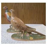 Vintage Ceramic Holland Mold pheasant figurine set featuring hand-painted male and female birds on a base. Popular during the 60s-70s.