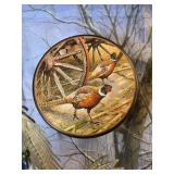 Wonderland Graphics "Harvest Time" PUZZLE in a tin,  Fabric Flag of Pheasants in Winter Scene, Stained Glass pheasant hanging panel with decorative beads.