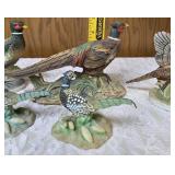 Three vintage collectible pheasant figurines made of ceramic or porcelain and three small pheasant figurines. Features hand painted details with a glossy finish.