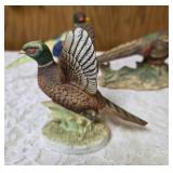 Three vintage collectible pheasant figurines made of ceramic or porcelain and three small pheasant figurines. Features hand painted details with a glossy finish.