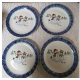 Vintage dinnerware set with 4 place settings is made by Thomson Pottery .  This set  is "Snowman Winterland Blue Sponge". Each place setting includes a dinner plate, salad plate, bowl and a mug.
