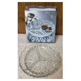 Two Glass Serving Plates.  These items are pre-owned.  One plate is a Vintage. Anchor Hocking Wexford  crystal plate and the other is a Gibson Home Jewelite 3-section glass relish tray.