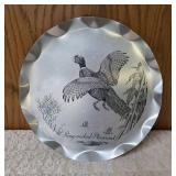 Vintage "J.R. Dob Stylemaster" aluminum tray plaque featuring a "Ring Necked Pheasant " Design. Hazel-Atlas Pitcher and 8 glasses.