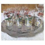 Vintage "J.R. Dob Stylemaster" aluminum tray plaque featuring a "Ring Necked Pheasant " Design. Hazel-Atlas Pitcher and 8 glasses.