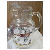 Vintage "J.R. Dob Stylemaster" aluminum tray plaque featuring a "Ring Necked Pheasant " Design. Hazel-Atlas Pitcher and 6 glasses.