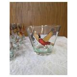 Hazel-Atlas Ice bucket and  8 glasses.   The glasses and Ice Bucket feature a 22K gold aim and detailed red, black and gold pheasant designs.