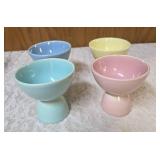 Four Vintage TS&T LuRAy Pastels double egg cups in pastel colors. One French wire kitchen utensil caddy or holder used for organizing silverware, napkins or small jars.