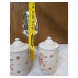 Three LTD 6" Ceramic Canisters and Two Metallic finished wine glasses.  The canisters and the wine glasses both have holiday themes.
