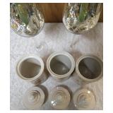 Three LTD 6" Ceramic Canisters and Two Metallic finished wine glasses.  The canisters and the wine glasses both have holiday themes.
