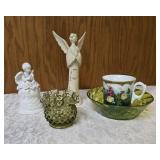 Collection of Decorative items.  Green glass vase, Angel figurine  and small Angel with a bell,  Green Acrylic Bowl and Vintage Bavarian Floral patterned teacup.