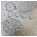 Vintage dishes: Mikasa Christmas Woods Canape Tray, Hazel Atlas vintage leaf-shaped clear glass relish or candy dish , vintage Anchor Hocking clear pressed glass snack tray featuring a grapevine and l