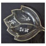 Vintage dishes: Mikasa Christmas Woods Canape Tray, Hazel Atlas vintage leaf-shaped clear glass relish or candy dish , vintage Anchor Hocking clear pressed glass snack tray featuring a grapevine and l