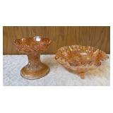 Two Vintage Imperial Carnival Glass.  The dish on the left is a pedestal compote or punch bowl base and the piece on the right is a ruffled edge serving  bowl or fruit dish.  The items are a marigold 
