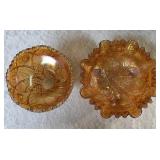 Two Vintage Imperial Carnival Glass.  The dish on the left is a pedestal compote or punch bowl base and the piece on the right is a ruffled edge serving  bowl or fruit dish.  The items are a marigold 
