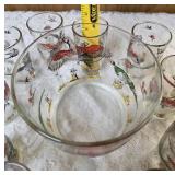 Hazel-Atlas Ice Bowl 5" Deep and  12 glasses featuring "Pheasants" pattern, produced roughly 1950