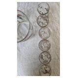 Hazel-Atlas Ice Bowl 5" Deep and  12 glasses featuring "Pheasants" pattern, produced roughly 1950