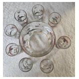 Hazel-Atlas Ice Bowl 5" Deep and  8 Tumblers featuring "Pheasants" pattern, produced roughly 1950