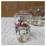 Hazel-Atlas Ice Bowl 5" Deep and  8 Tumblers featuring "Pheasants" pattern, produced roughly 1950