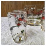 Hazel-Atlas Ice Bowl 5" Deep and  8 Tumblers featuring "Pheasants" pattern, produced roughly 1950