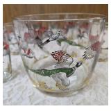 Hazel-Atlas Ice Bowl 5" Deep and  8 Tumblers featuring "Pheasants" pattern, produced roughly 1950