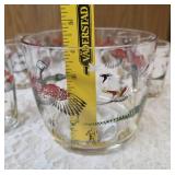 Hazel-Atlas Ice Bowl 5" Deep and  8 Tumblers featuring "Pheasants" pattern, produced roughly 1950