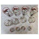 12 -Misc. Glass Sizes.  Glassware is likely produced by the Hazel-Atlas Glass Company and  features the "Pheasants" pattern, produced roughly 1950