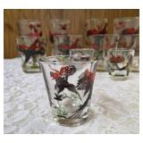 11 -Glasses - Misc., sizes.  Glassware is likely produced by the Hazel-Atlas Glass Company and  features the "Pheasants" pattern, produced roughly 1950