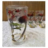 11 -Glasses - Misc., sizes.  Glassware is likely produced by the Hazel-Atlas Glass Company and  features the "Pheasants" pattern, produced roughly 1950