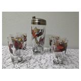 Hazel-Atlas Vintage Mid Century Glass Cocktail Shaker Drink Mixer and 6 Glasses set featuring the Pheasant Birds.