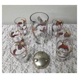 Hazel-Atlas Vintage Mid Century Glass Cocktail Shaker Drink Mixer and 6 Glasses set featuring the Pheasant Birds.