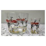 Hazel-Atlas Ice Bowl 5" Deep and  12 glasses featuring "Pheasants" pattern, produced roughly 1950