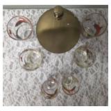 One Vintage Mid Century Glass Cocktail Shaker Drink Mixer and 6 Glasses (Misc. Size) set featuring the Pheasant Birds from the likely produced by Hazel-Atlas Glass Company.