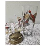 One Vintage Mid Century Glass Cocktail Shaker Drink Mixer and 6 Glasses (Misc. Size) set featuring the Pheasant Birds from the likely produced by Hazel-Atlas Glass Company.