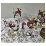 One Vintage Mid Century Glass Cocktail Shaker Drink Mixer and 6 Glasses (Misc. Size) set featuring the Pheasant Birds from the likely produced by Hazel-Atlas Glass Company.