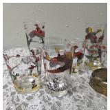 One Vintage Mid Century Glass Cocktail Shaker Drink Mixer and 6 Glasses (Misc. Size) set featuring the Pheasant Birds from the likely produced by Hazel-Atlas Glass Company.