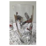 One Vintage Mid Century Glass Cocktail Shaker Drink Mixer without shaker top and 6 Misc. Glasses set featuring the Pheasant Birds from the likely produced by Hazel-Atlas Glass Company.