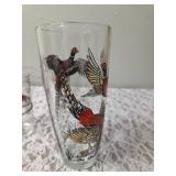 One Vintage Mid Century Glass Cocktail Shaker Drink Mixer without shaker top and 6 Misc. Glasses set featuring the Pheasant Birds from the likely produced by Hazel-Atlas Glass Company.