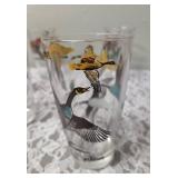 One Vintage Mid Century Glass Cocktail Shaker Drink Mixer without shaker top and 6 Misc. Glasses set featuring the Pheasant Birds from the likely produced by Hazel-Atlas Glass Company.