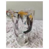 One Vintage Mid Century Glass Cocktail Shaker Drink Mixer without shaker top and 6 Misc. Glasses set featuring the Pheasant Birds from the likely produced by Hazel-Atlas Glass Company.