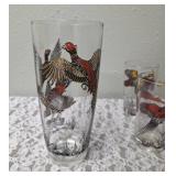 One Vintage Mid Century Glass Cocktail Shaker Drink Mixer and 6 Glasses set featuring the Pheasant Birds from the likely produced by Hazel-Atlas Glass Company.